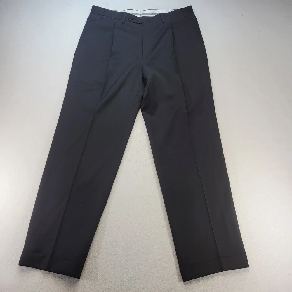 Canali Dress Pants Mens 36x30 Black Pleated Cuffed 100% Wool Made in Italy